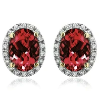 Oval Garnet Stud Earrings with Diamond Frame 14KT Gold