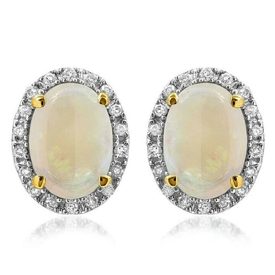 Oval Opal Stud Earrings with Diamond Frame 14KT Gold