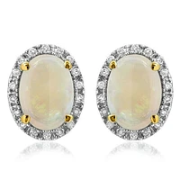 Oval Opal Stud Earrings with Diamond Frame 14KT Gold