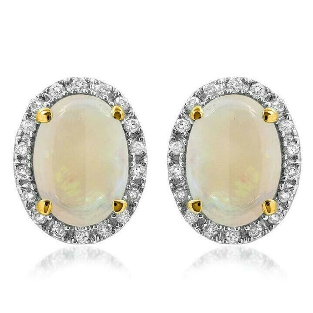 Oval Opal Stud Earrings with Diamond Frame 14KT Gold