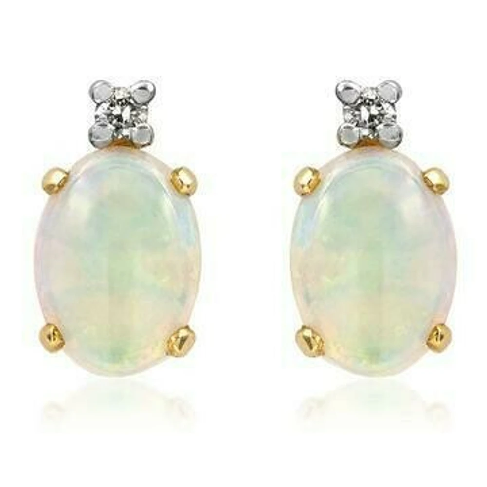 Oval Opal Stud Earrings with Diamond Accent 14KT Gold