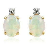 Oval Opal Stud Earrings with Diamond Accent 14KT Gold