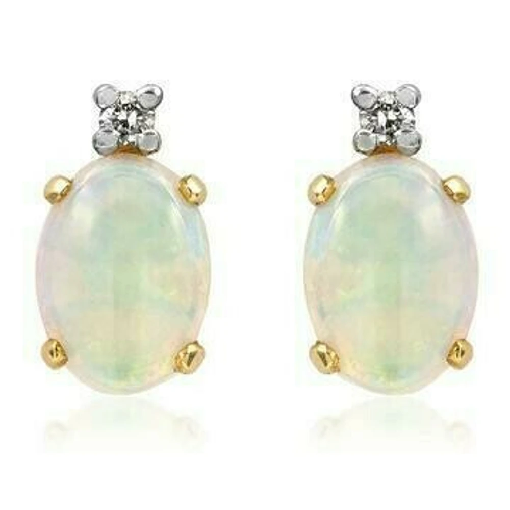 Oval Opal Stud Earrings with Diamond Accent 14KT Gold