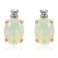 Oval Opal Stud Earrings with Diamond Accent 14KT Gold