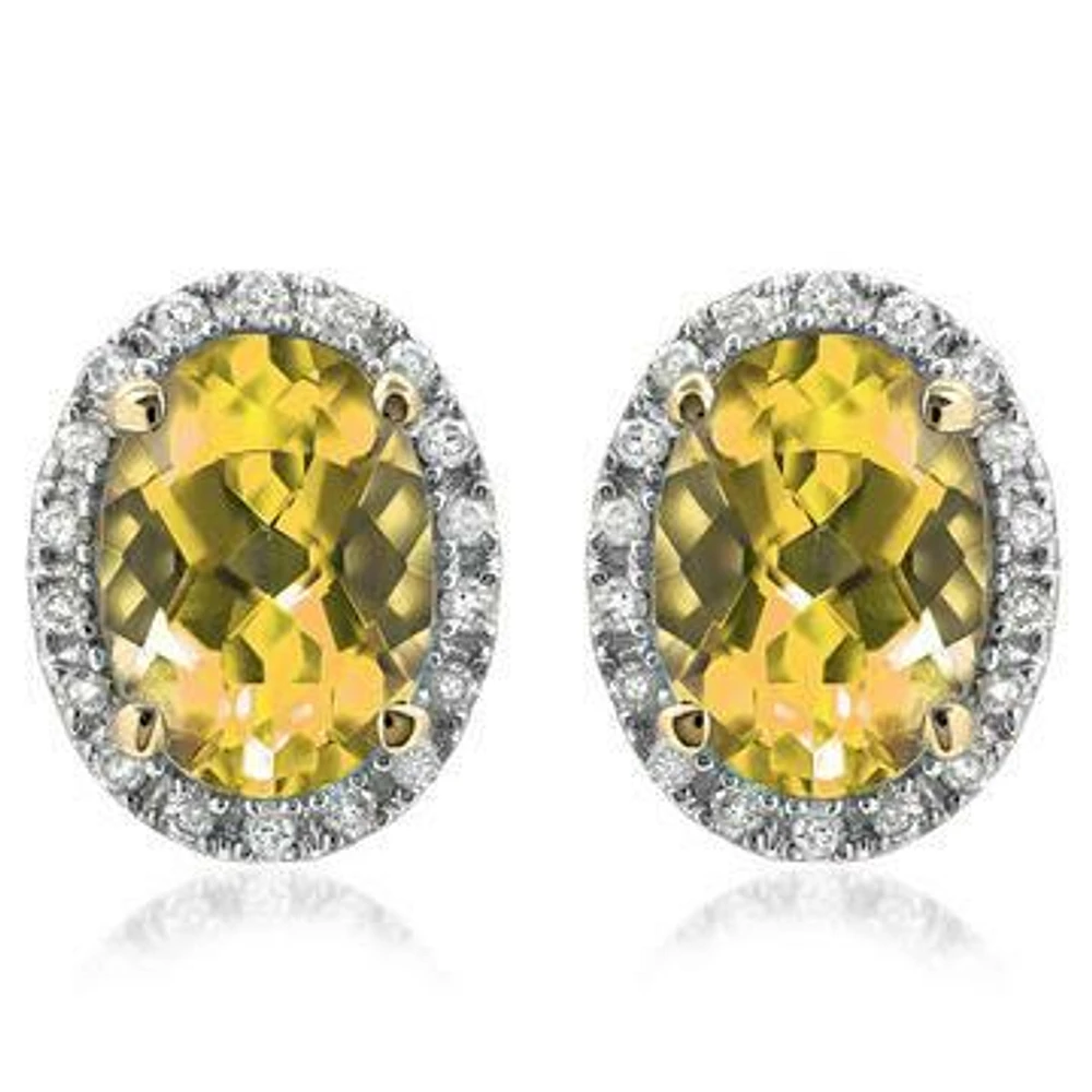 Oval Citrine Stud Earrings with Diamond Frame 14KT Gold