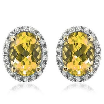 Oval Citrine Stud Earrings with Diamond Frame 14KT Gold