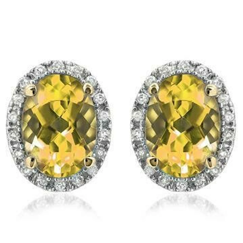 Oval Citrine Stud Earrings with Diamond Frame 14KT Gold