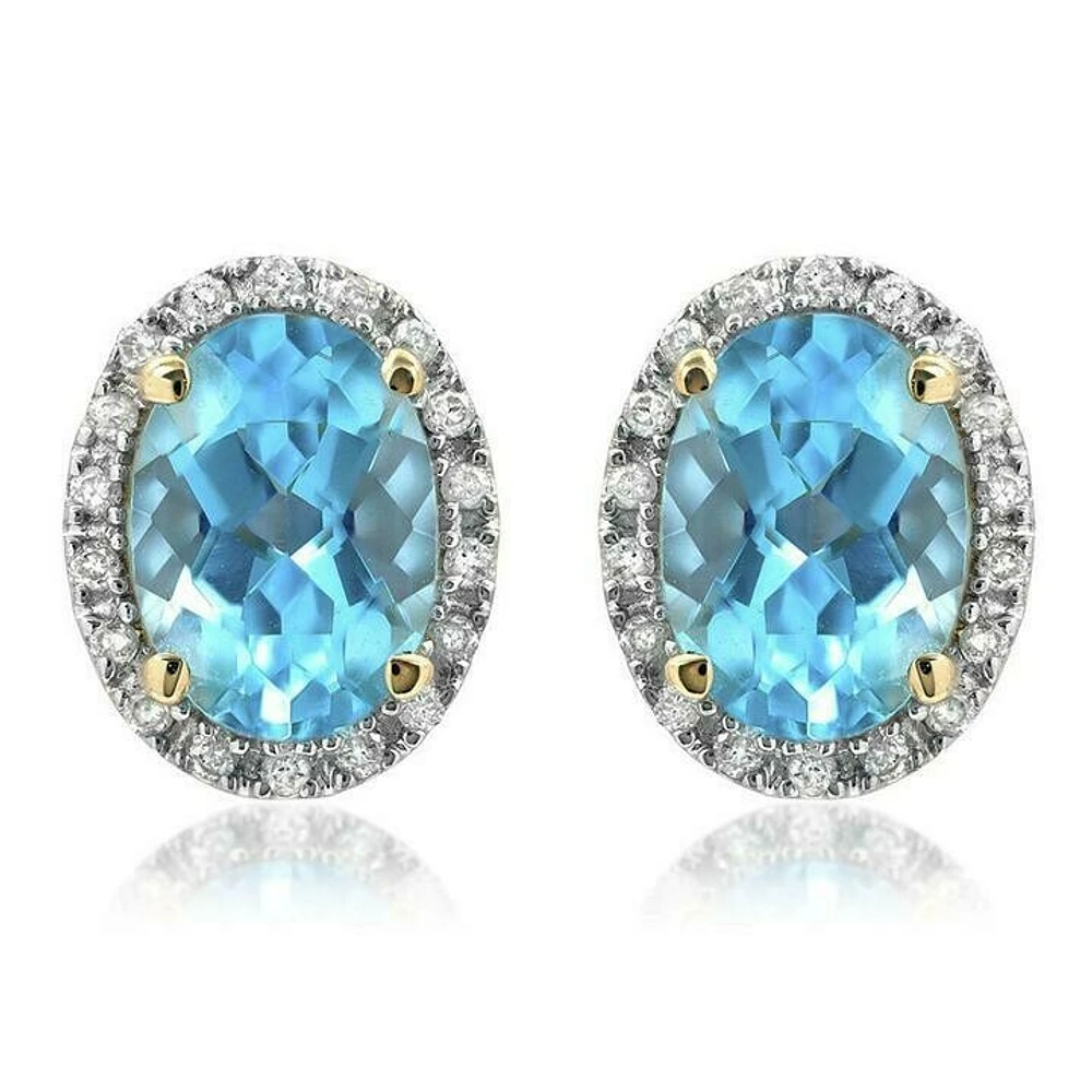 Oval Topaz Stud Earrings with Diamond Frame 14KT Gold