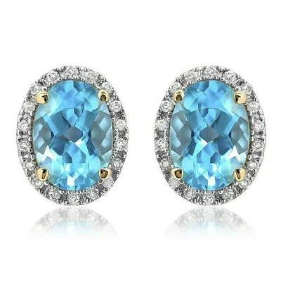 Oval Topaz Stud Earrings with Diamond Frame 14KT Gold