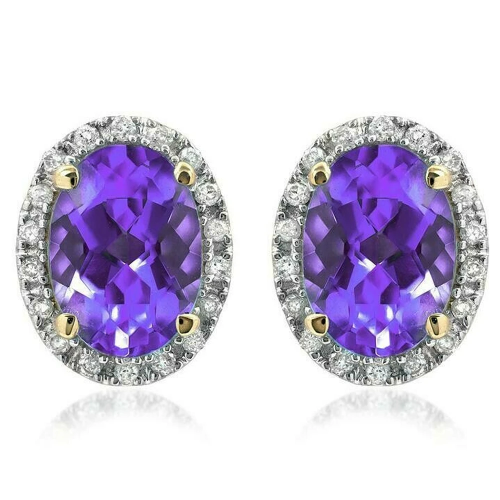 Oval Amethyst Stud Earrings with Diamond Frame 14KT Gold