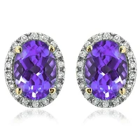 Oval Amethyst Stud Earrings with Diamond Frame 14KT Gold