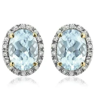 Oval Aquamarine Stud Earrings with Diamond Frame 14KT Gold