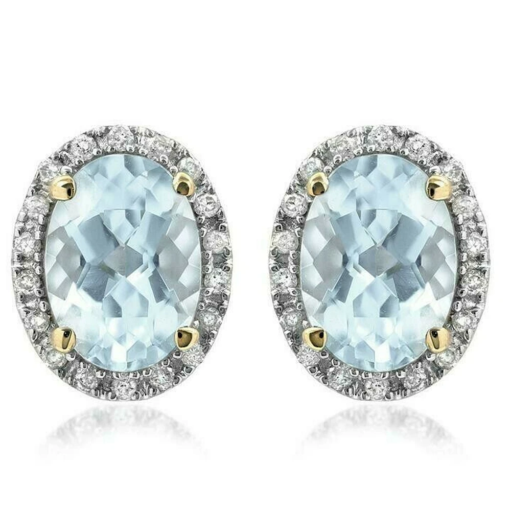 Oval Aquamarine Stud Earrings with Diamond Frame 14KT Gold