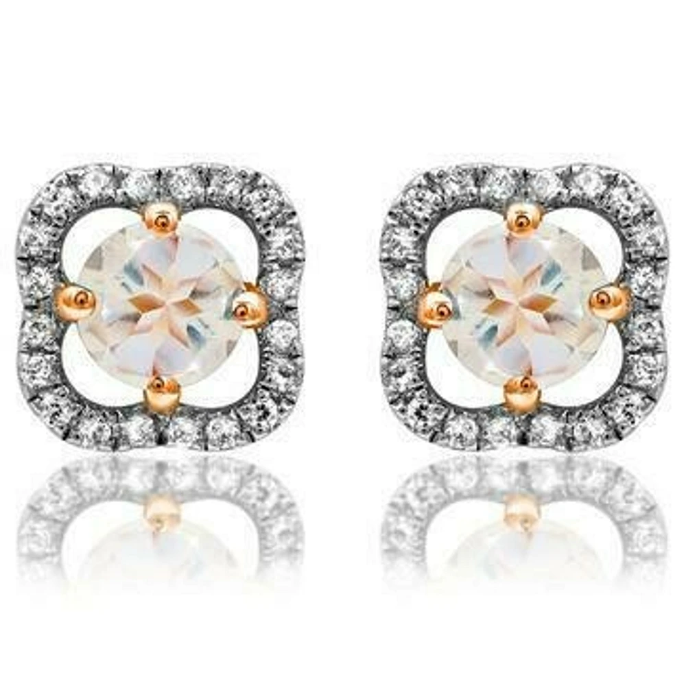 Clover Morganite Stud Earrings with Diamond Frame 14KT Gold