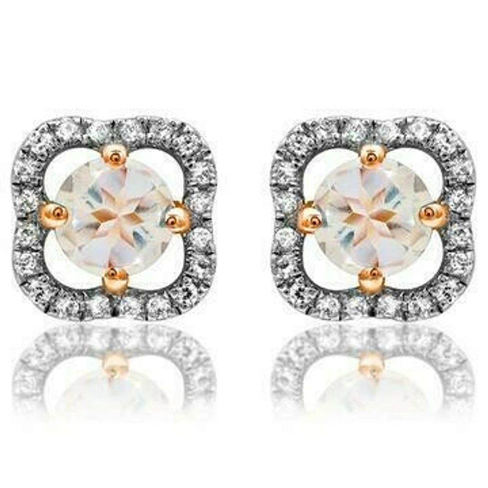 Clover Morganite Stud Earrings with Diamond Frame 14KT Gold