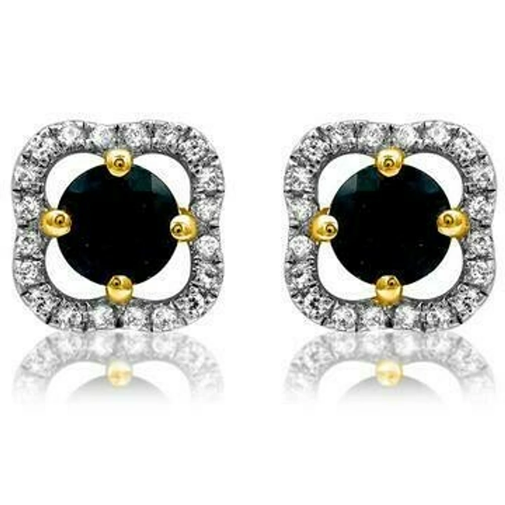 Clover Blue Sapphire Stud Earrings with Diamond Frame 14KT Gold