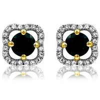 Clover Blue Sapphire Stud Earrings with Diamond Frame 14KT Gold