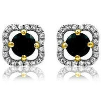 Clover Blue Sapphire Stud Earrings with Diamond Frame 14KT Gold