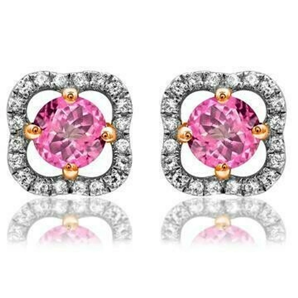 Clover Pink Topaz Stud Earrings with Diamond Frame 14KT Gold