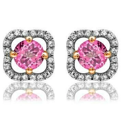 Clover Pink Topaz Stud Earrings with Diamond Frame 14KT Gold