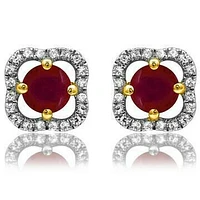 Clover Ruby Stud Earrings with Diamond Frame 14KT Gold