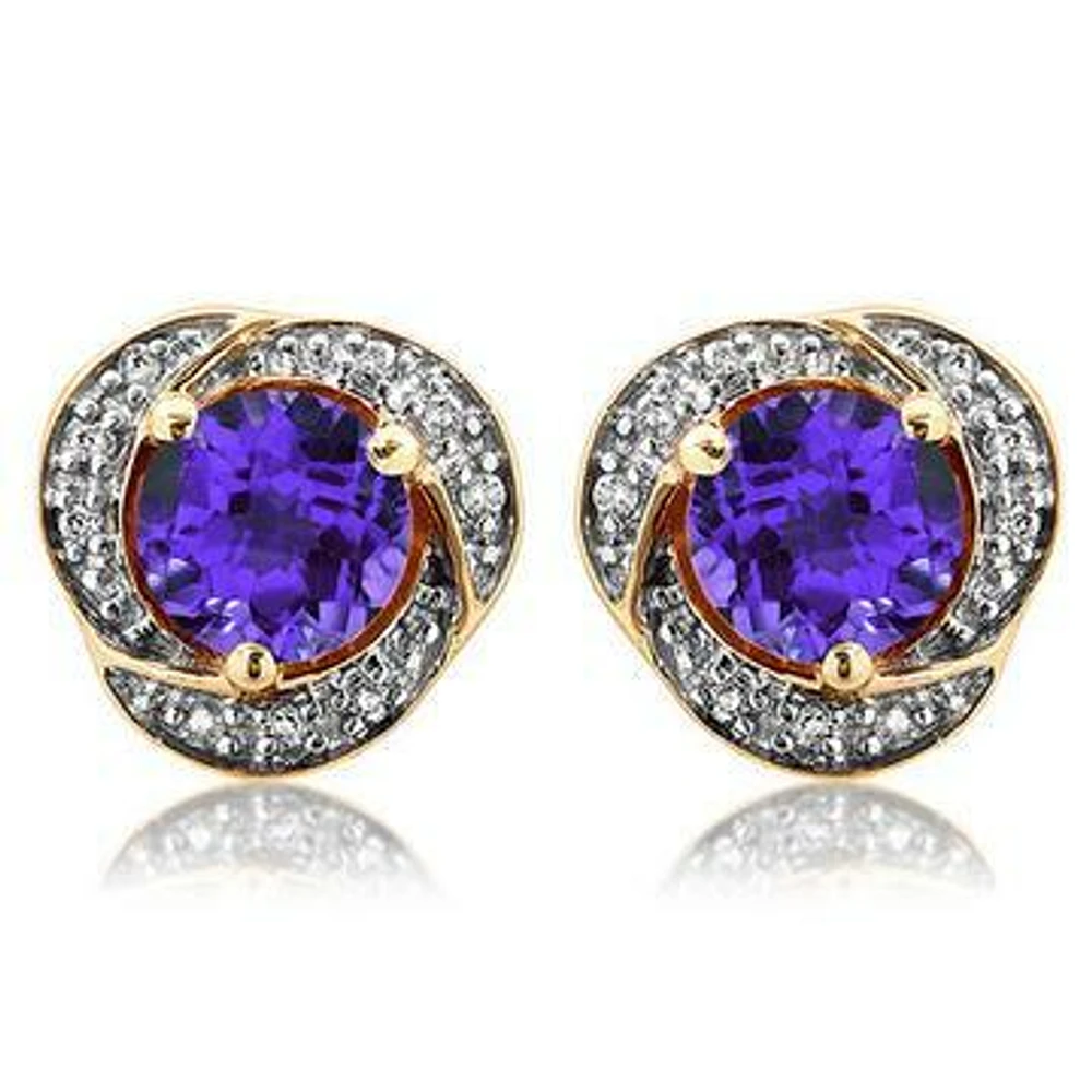 Amethyst Whirl Stud Earrings with Diamond Frame 14KT Gold