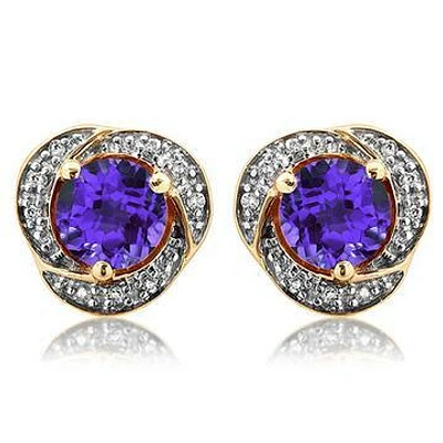 Amethyst Whirl Stud Earrings with Diamond Frame 14KT Gold