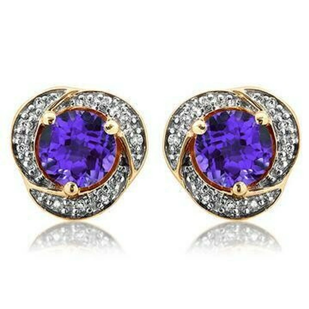 Amethyst Whirl Stud Earrings with Diamond Frame 14KT Gold