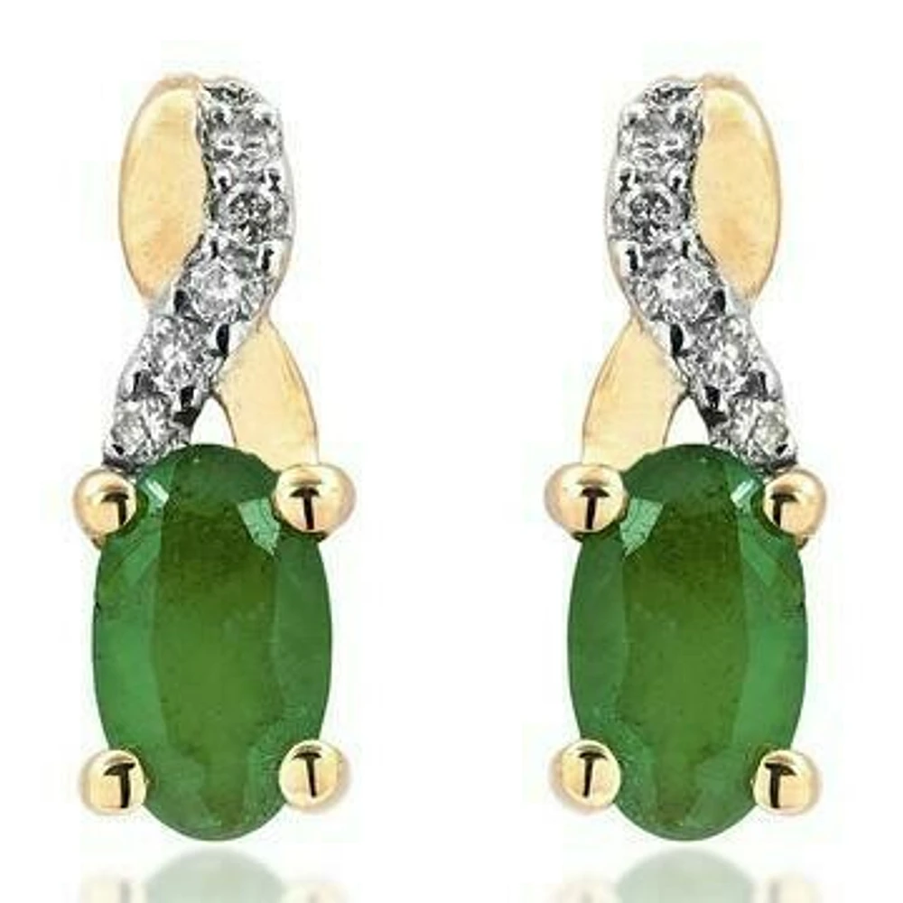 Oval Infinity Emerald Stud Earrings with Diamond Accent 14KT Gold