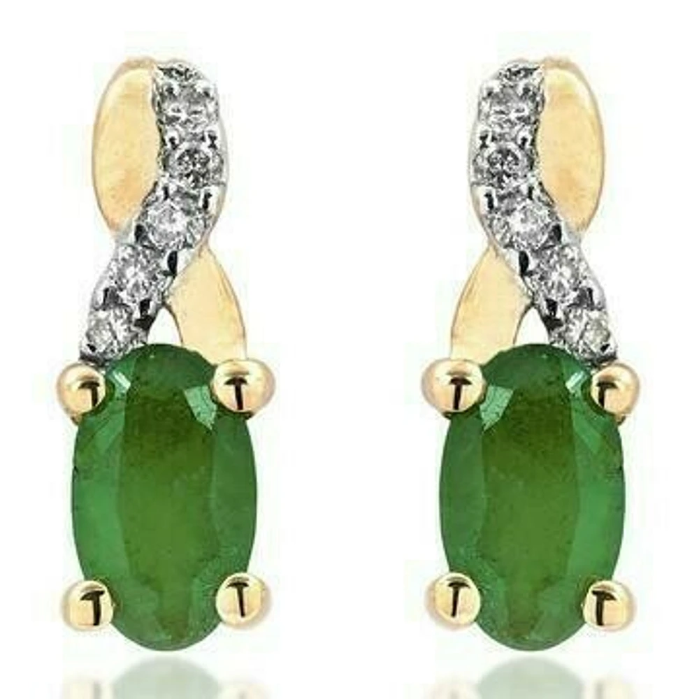 Oval Infinity Emerald Stud Earrings with Diamond Accent 14KT Gold