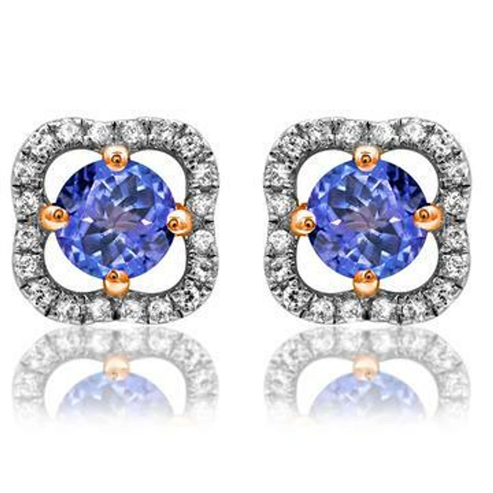 Clover Tanzanite Stud Earrings with Diamond Frame 14kt Gold