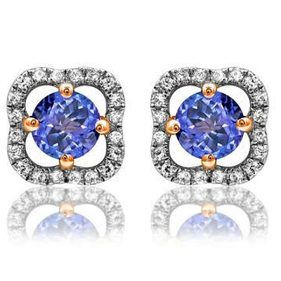 Clover Tanzanite Stud Earrings with Diamond Frame 14kt Gold