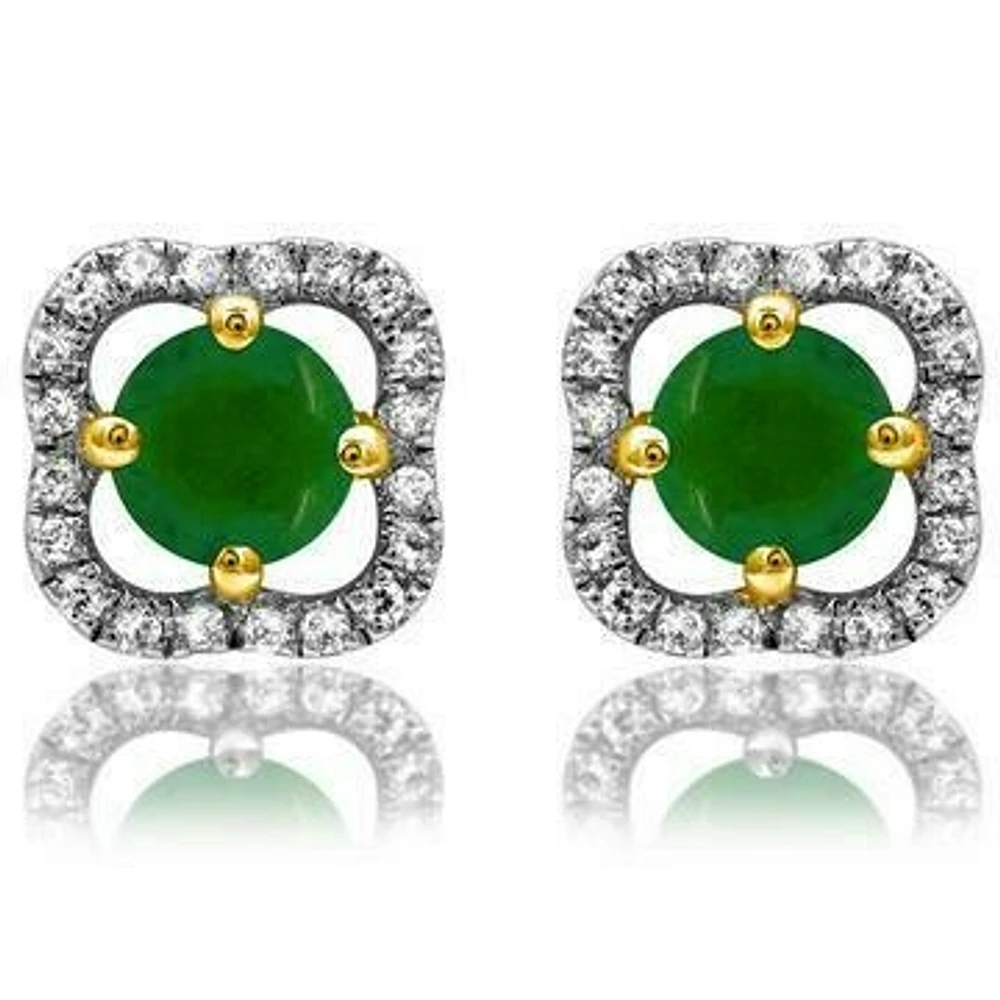 Clover Emerald Stud Earrings with Diamond Frame 14KT Gold