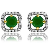 Clover Emerald Stud Earrings with Diamond Frame 14KT Gold