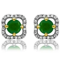 Clover Emerald Stud Earrings with Diamond Frame 14KT Gold