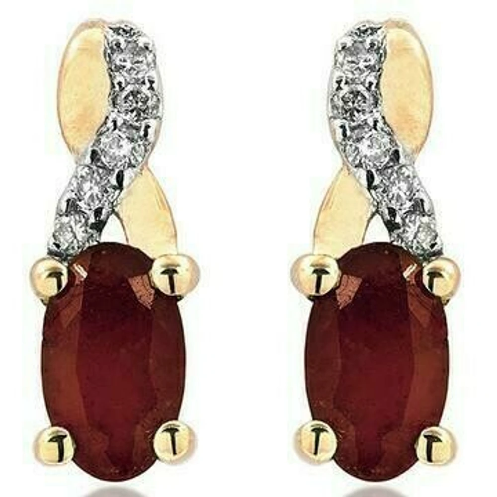 Oval Infinity Ruby Stud Earrings with Diamond Accent 14KT Gold