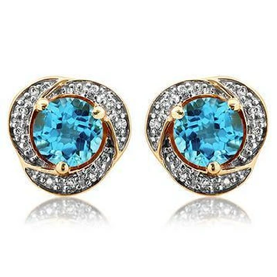 Topaz Whirl Stud Earrings with Diamond Frame 14KT Gold