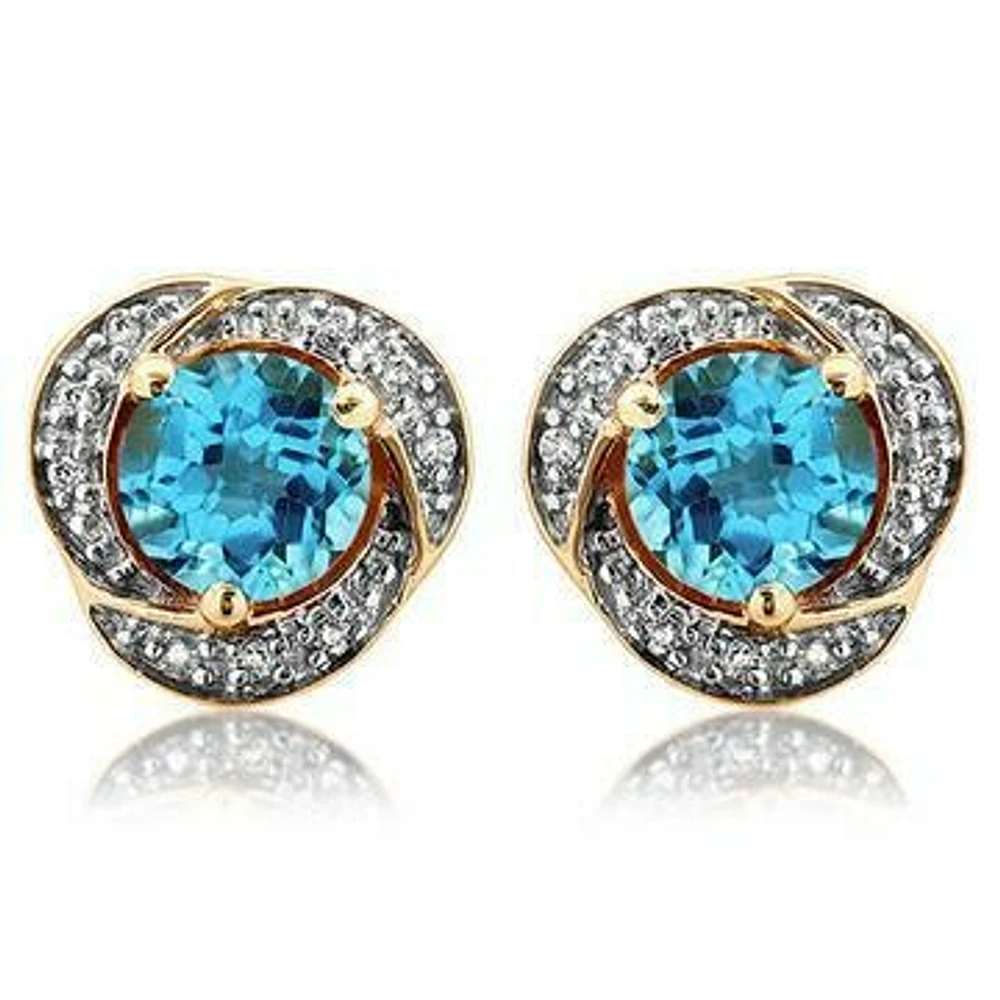 Topaz Whirl Stud Earrings with Diamond Frame 14KT Gold