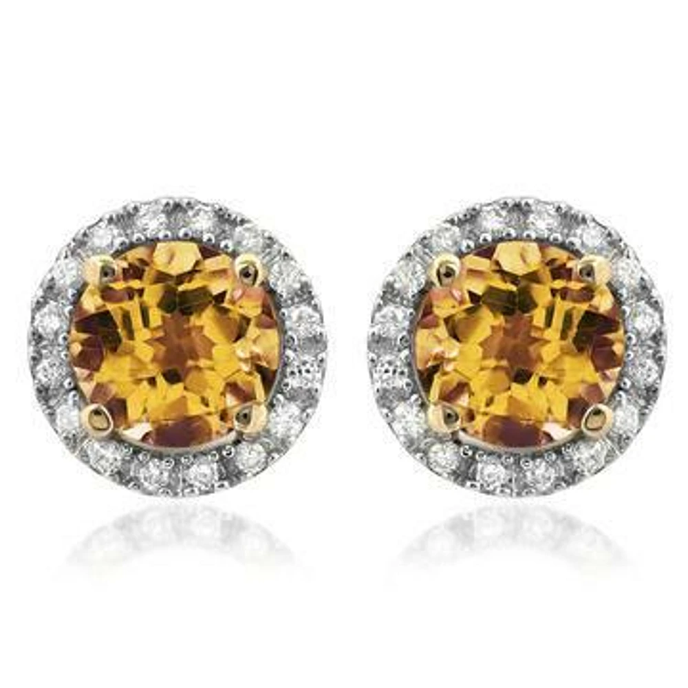 Citrine Stud Earrings with Diamond Halo 14KT Gold