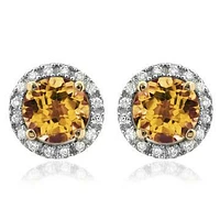 Citrine Stud Earrings with Diamond Halo 14KT Gold