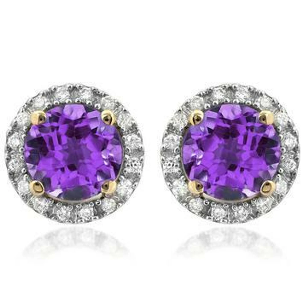 Amethyst Stud Earrings with Diamond Halo 14KT Gold