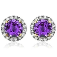 Amethyst Stud Earrings with Diamond Halo 14KT Gold