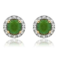 Emerald Stud Earrings with Diamond Halo 14KT Gold