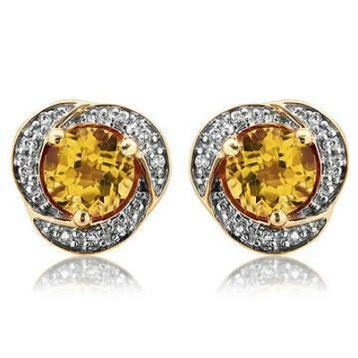 Citrine Whirl Stud Earrings with Diamond Frame 14KT Gold