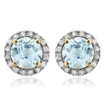 Aquamarine Stud Earrings with Diamond Halo 14KT Gold