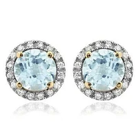 Aquamarine Stud Earrings with Diamond Halo 14KT Gold