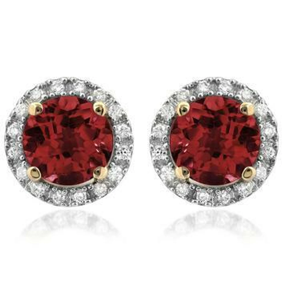 Garnet Stud Earrings with Diamond Halo 14KT Gold