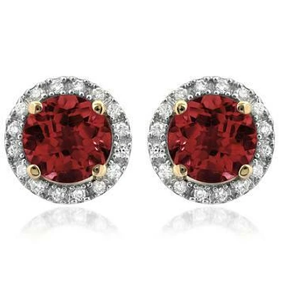 Garnet Stud Earrings with Diamond Halo 14KT Gold