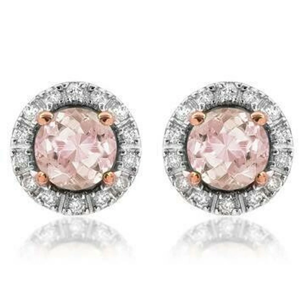 Morganite Stud Earrings with Diamond Halo 14KT Gold