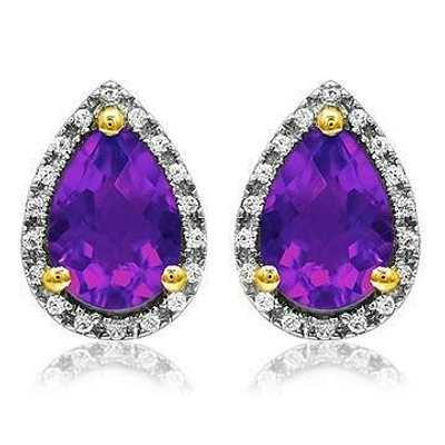 Pear Amethyst Stud Earrings with Diamond Halo 14KT Gold